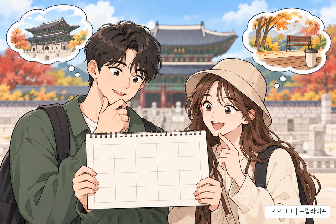 궁궐을 모티프로 한 배경에서 다음 관람과 휴식을 계획하며 일정 카드를 살펴보는 방문객