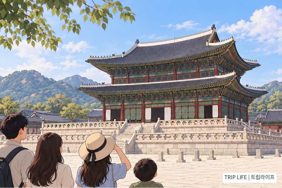 월대 위에 올라가지 않고 아래쪽 주변에서 궁궐 건물을 바라보는 개념 장면