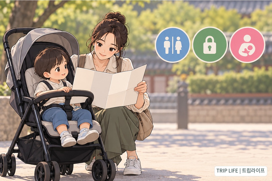 유모차 옆에서 필요한 편의시설 안내를 확인하는 보호자의 개념 장면